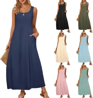 Womens Maxi Sundress Summer Casual Sleeveless Scoop Neck Loose Tank Dress Fashion Dressy Beach Dress with Pockets