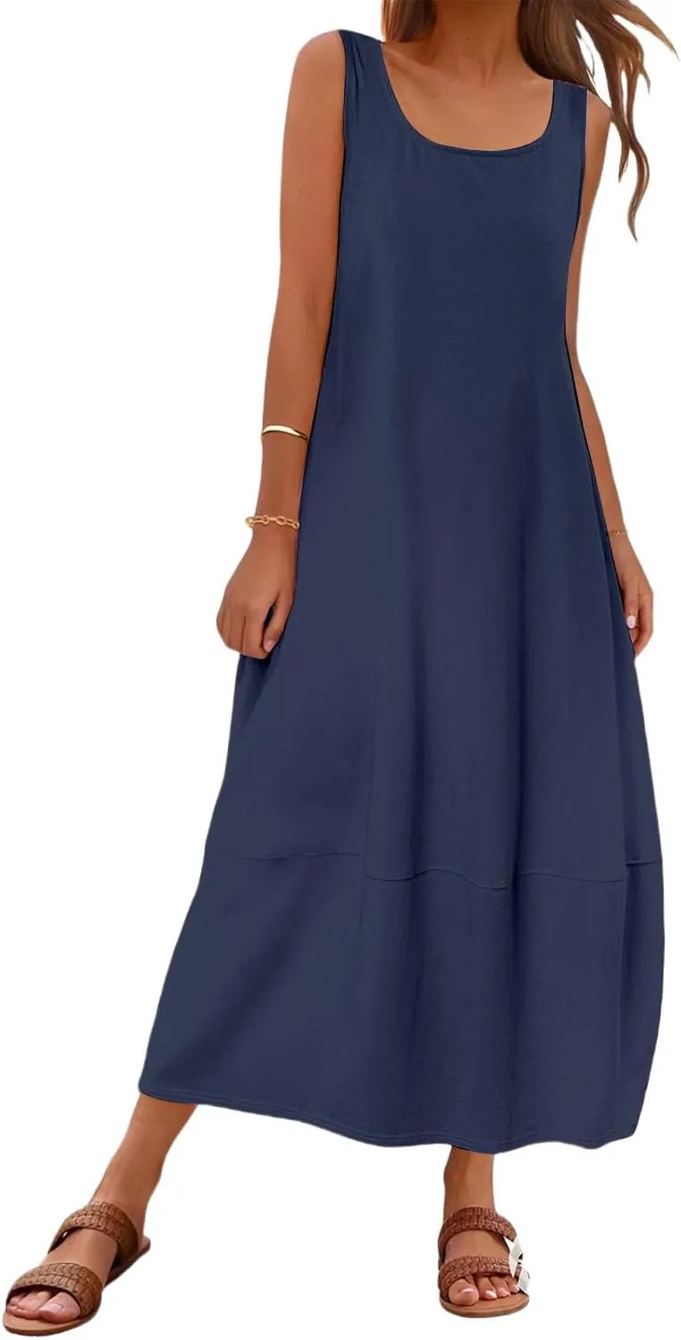 Womens Maxi Sundress Summer Casual Sleeveless Scoop Neck Loose Tank Dress Fashion Dressy Beach Dress with Pockets
