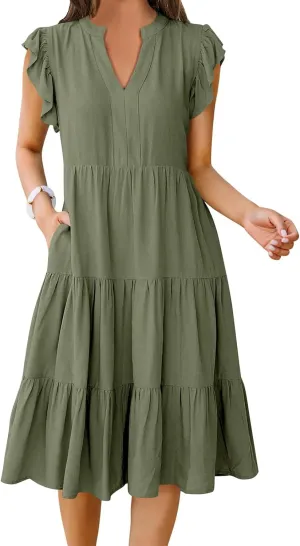 Womens Midi Dress Casual Summer Ruffle Sleeve V Neck Trendy Tiered Flowy Boho Dresses 2025 Vacation Sundress