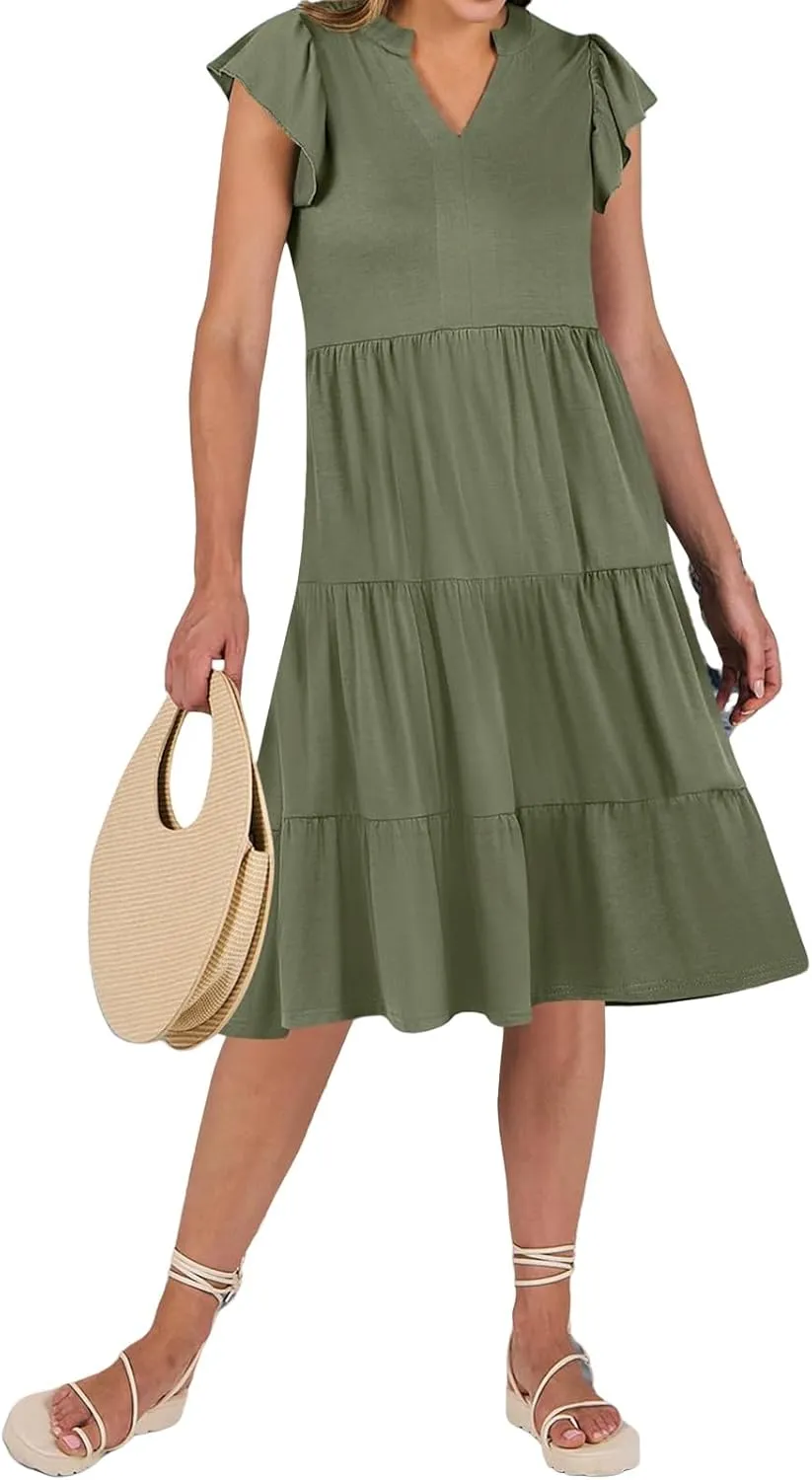 Womens Midi Dress Casual Summer Ruffle Sleeve V Neck Trendy Tiered Flowy Boho Dresses 2025 Vacation Sundress