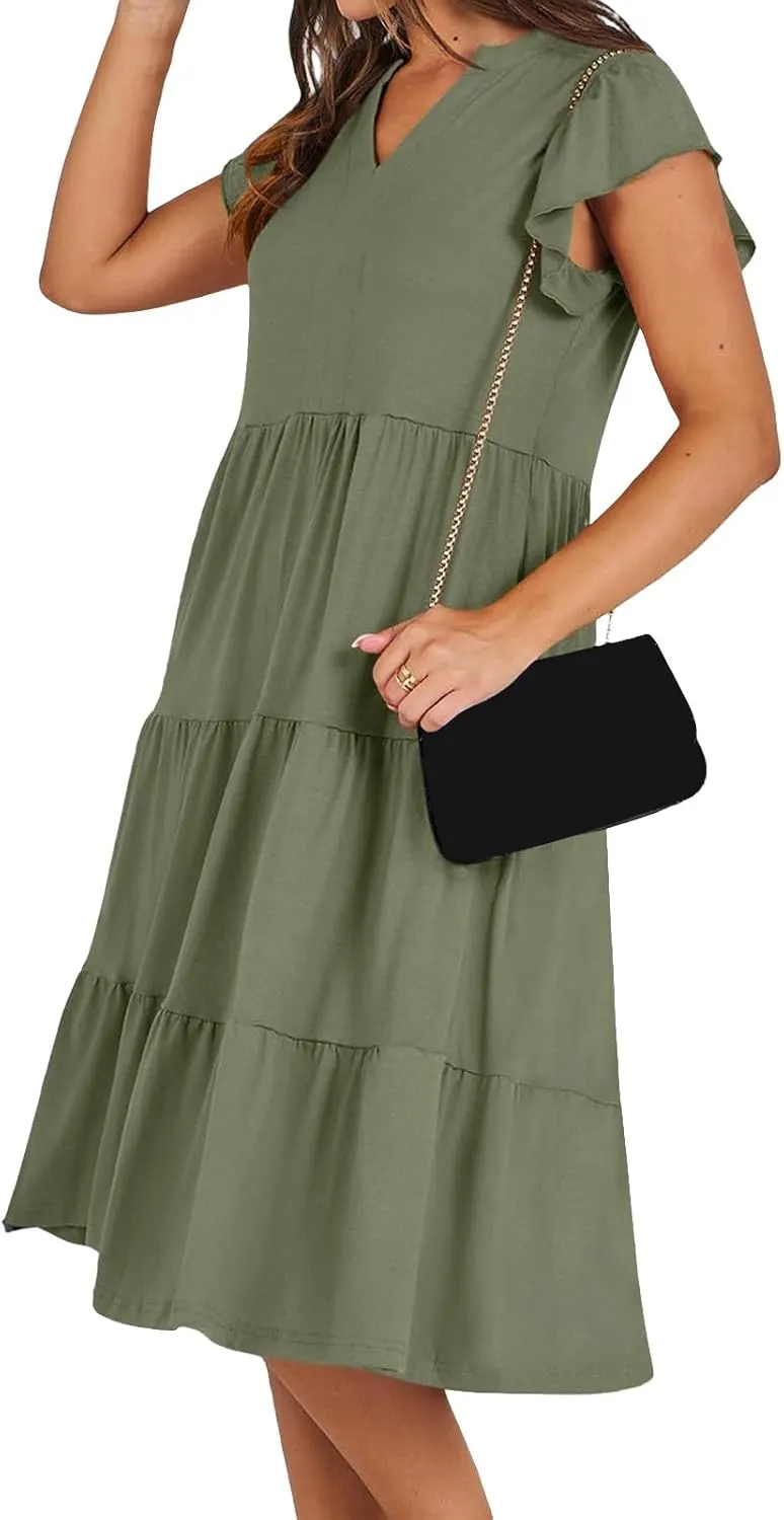 Womens Midi Dress Casual Summer Ruffle Sleeve V Neck Trendy Tiered Flowy Boho Dresses 2025 Vacation Sundress