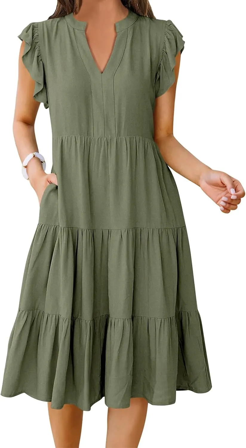 Womens Midi Dress Casual Summer Ruffle Sleeve V Neck Trendy Tiered Flowy Boho Dresses 2025 Vacation Sundress
