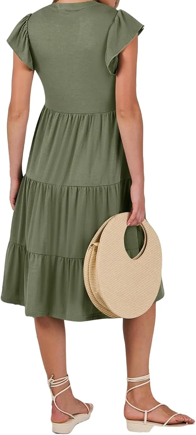 Womens Midi Dress Casual Summer Ruffle Sleeve V Neck Trendy Tiered Flowy Boho Dresses 2025 Vacation Sundress