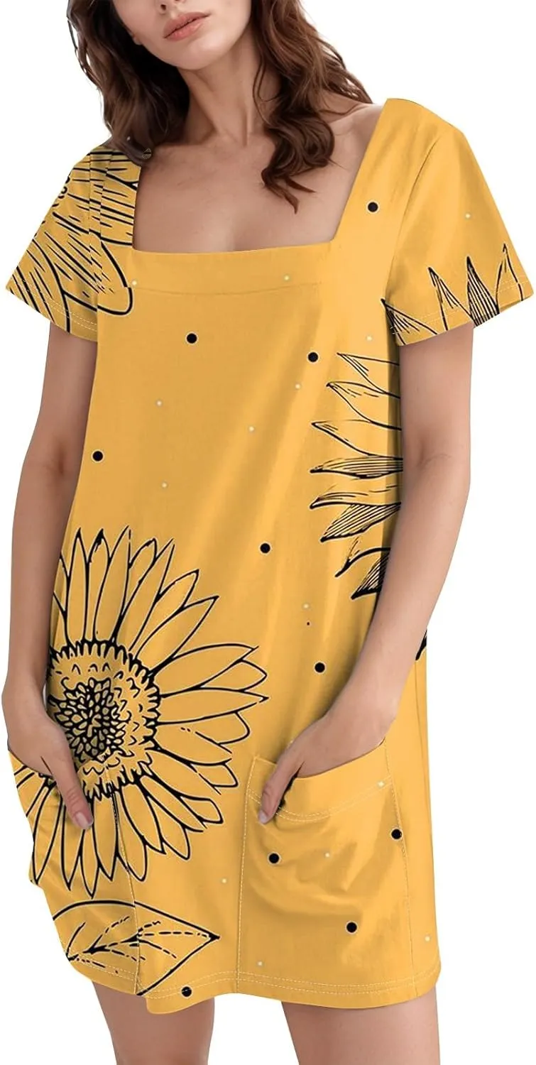 Women's Midi Dresses Summer Casual Trendy Dress Square Neck Short Sleeve Floral Print Solid Dresses, S-2XL