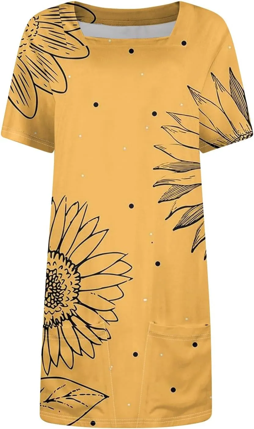 Women's Midi Dresses Summer Casual Trendy Dress Square Neck Short Sleeve Floral Print Solid Dresses, S-2XL