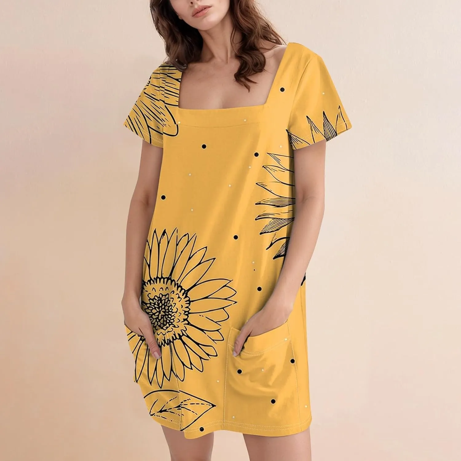 Women's Midi Dresses Summer Casual Trendy Dress Square Neck Short Sleeve Floral Print Solid Dresses, S-2XL