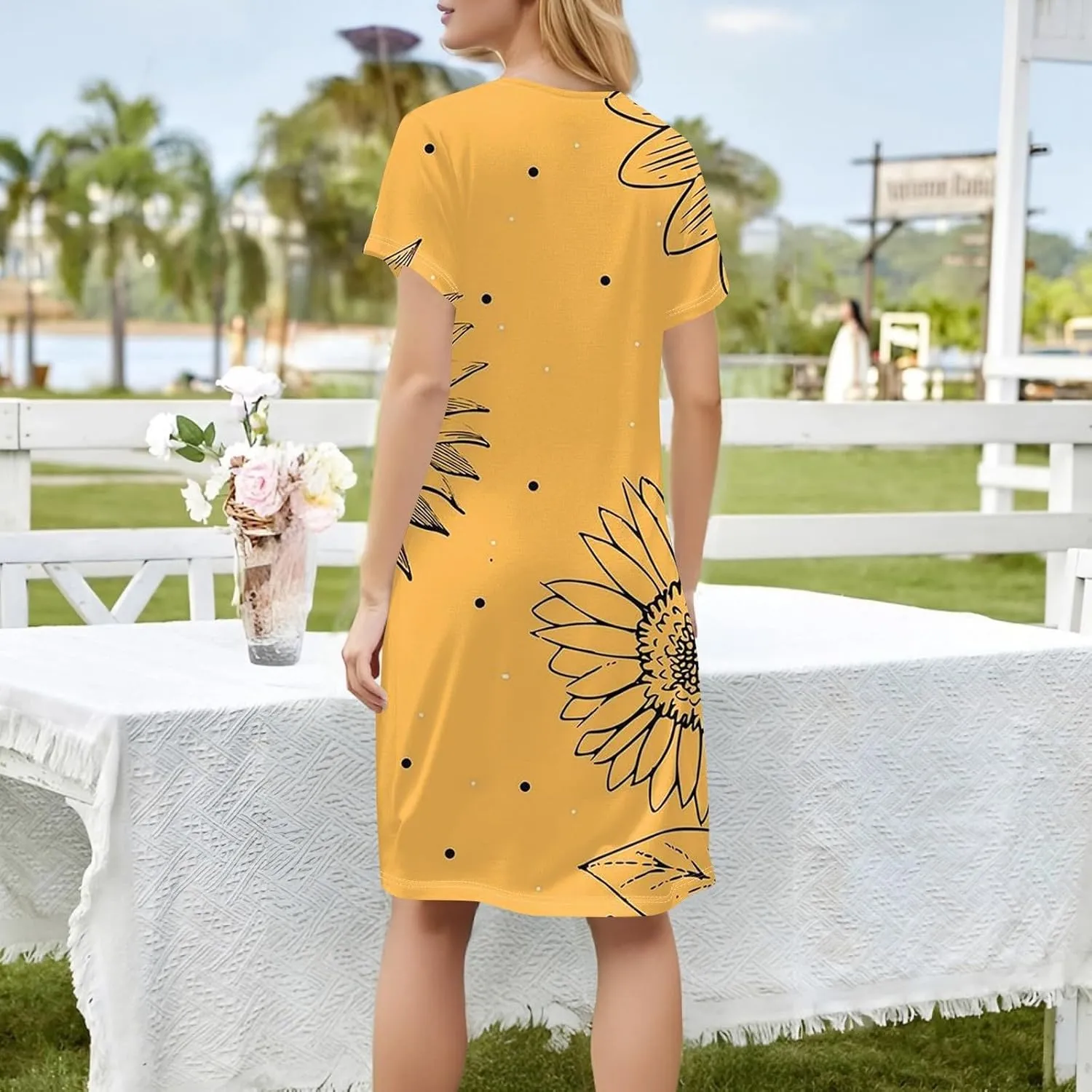 Women's Midi Dresses Summer Casual Trendy Dress Square Neck Short Sleeve Floral Print Solid Dresses, S-2XL