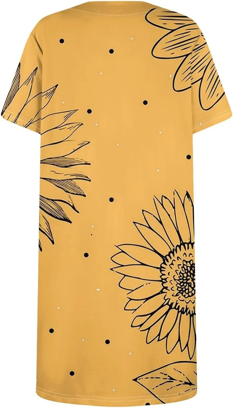 Women's Midi Dresses Summer Casual Trendy Dress Square Neck Short Sleeve Floral Print Solid Dresses, S-2XL