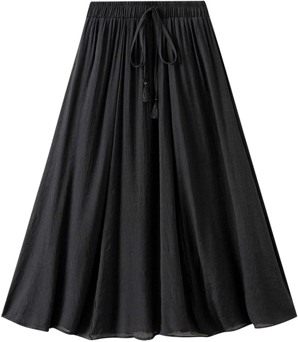 Womens Midi Tie Front Drawstring Skirt Solid Color Casual A-Line Skirts Loose Elastic Waist Pleated Fashion Skirt