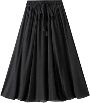 Womens Midi Tie Front Drawstring Skirt Solid Color Casual A-Line Skirts Loose Elastic Waist Pleated Fashion Skirt