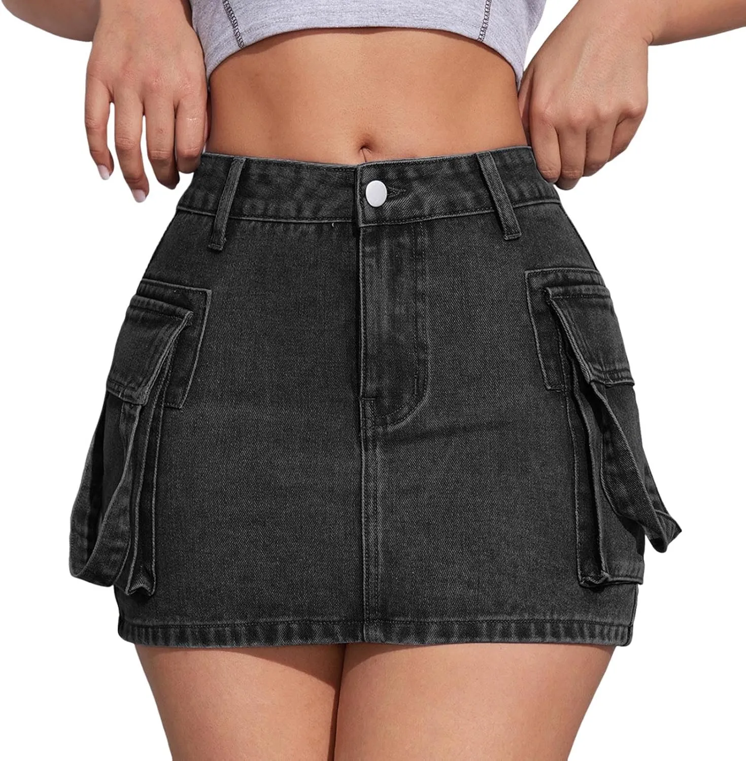 Womens Mini Denim Cargo Skirt High Waisted Button Skirt Y2k Trendy Slim Fit Distressed Bodycon Jean Skirt with Flap Pockets