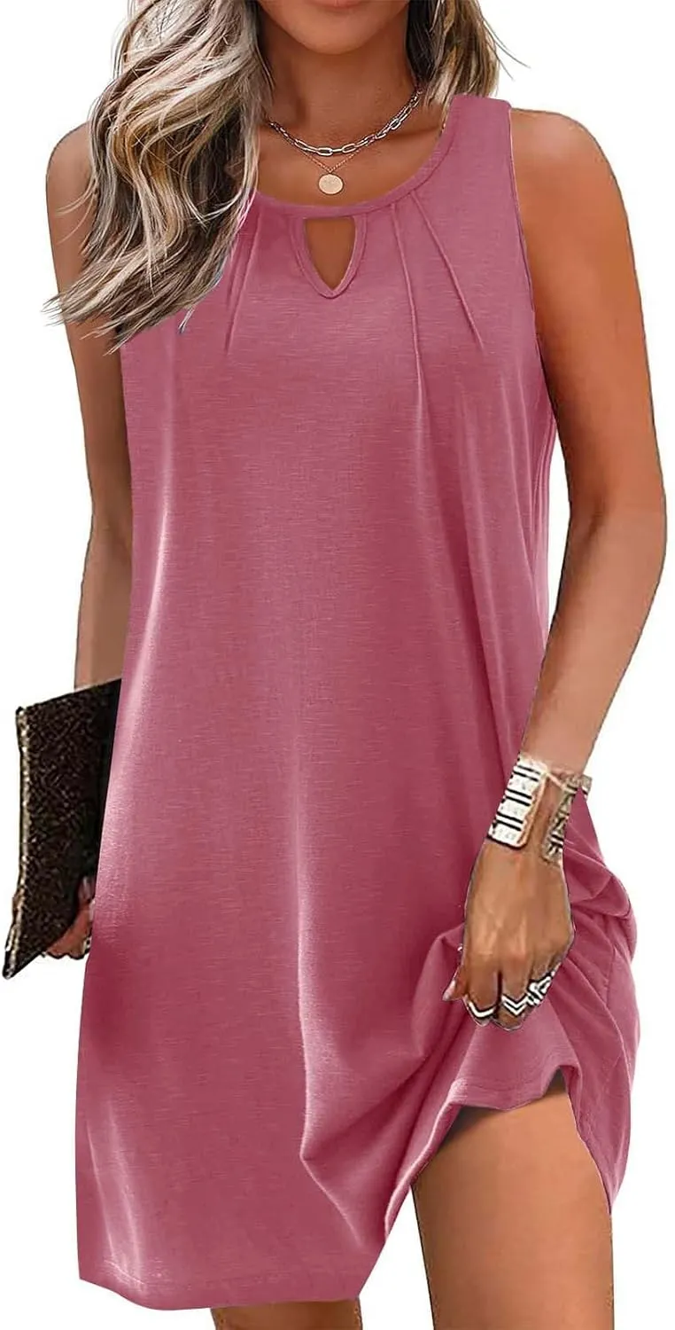 Womens Mini Dress Hallow Out Sleeveless Tank Dress Solid Color Boho Summer Dresses Beach Vacation Sundress