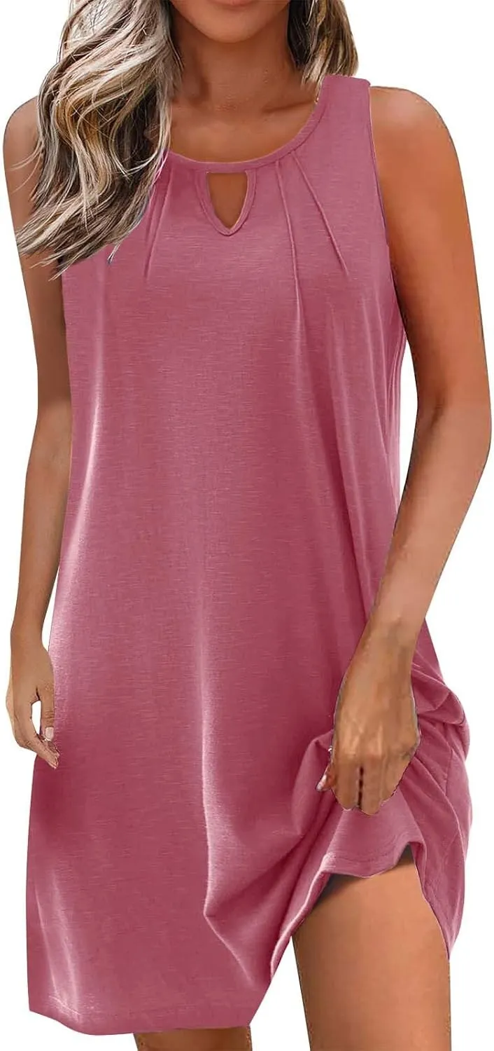 Womens Mini Dress Hallow Out Sleeveless Tank Dress Solid Color Boho Summer Dresses Beach Vacation Sundress