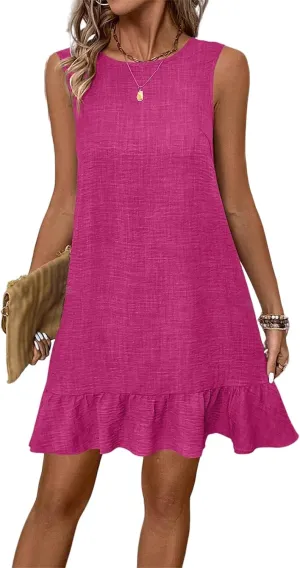 Womens Mini Dress Summer Sleeveless Ruffle Hem A Line Dresses Casual Loose Swing Vacation Beach Sundress