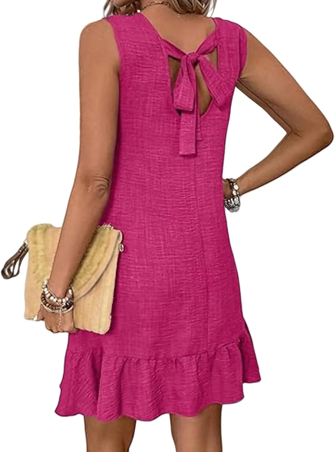 Womens Mini Dress Summer Sleeveless Ruffle Hem A Line Dresses Casual Loose Swing Vacation Beach Sundress