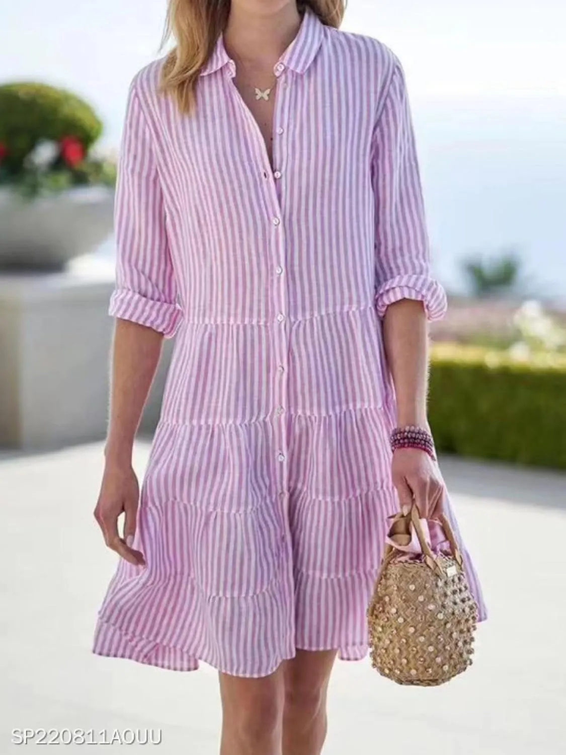 Womens Mini Dress Summer Striped Lapel Button Down Long Sleeve Dresses Casual Tummy Control A Lien Beach Sundress