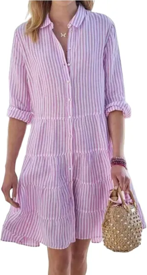 Womens Mini Dress Summer Striped Lapel Button Down Long Sleeve Dresses Casual Tummy Control A Lien Beach Sundress