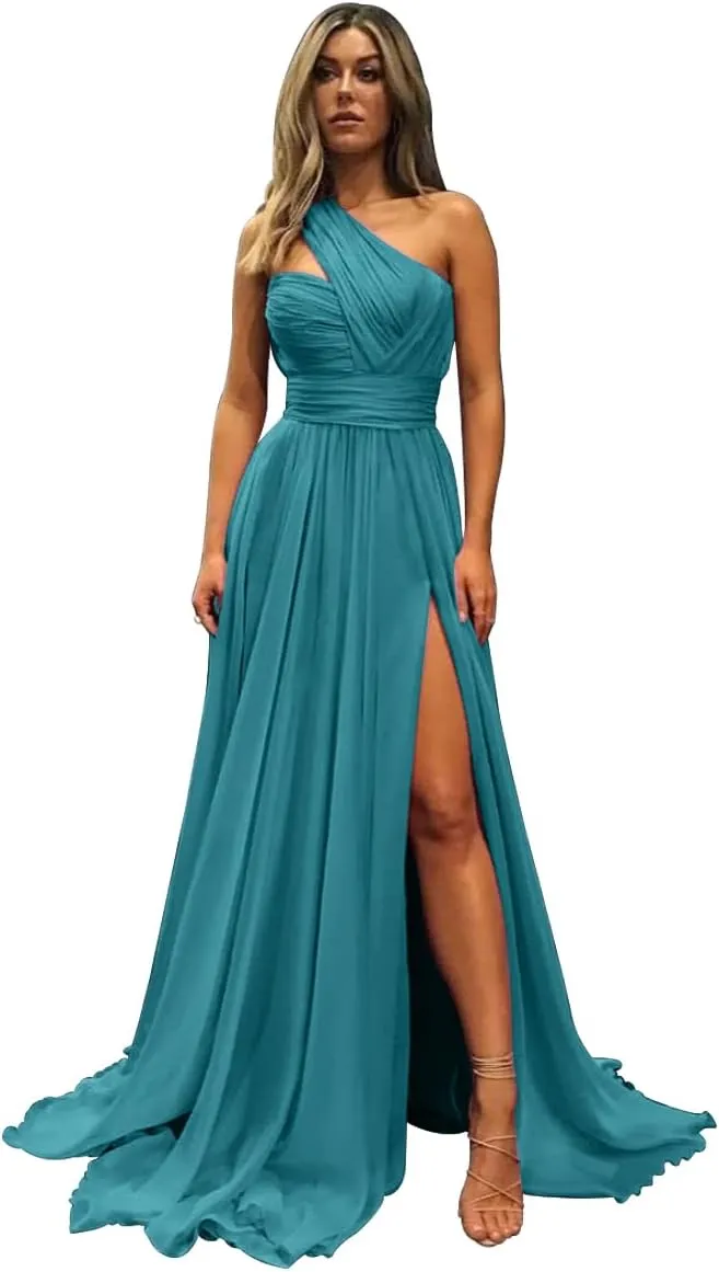 Women's One Shoulder Chiffon Prom Dresses Long Ball Gown Slit Formal Evening Dress with Pockets ZW02