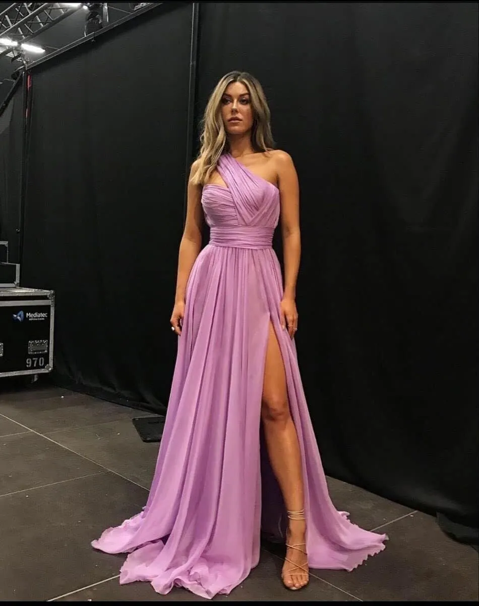Women's One Shoulder Chiffon Prom Dresses Long Ball Gown Slit Formal Evening Dress with Pockets ZW02
