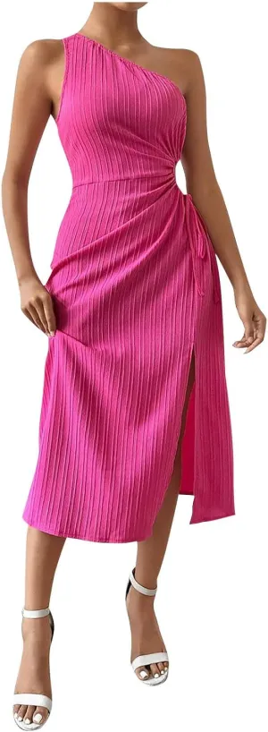 Women's One Shoulder Sleeveless Textured Sundress Sexy Cut Out Drawstring Waist High Split Cocktail Party Midi Dress