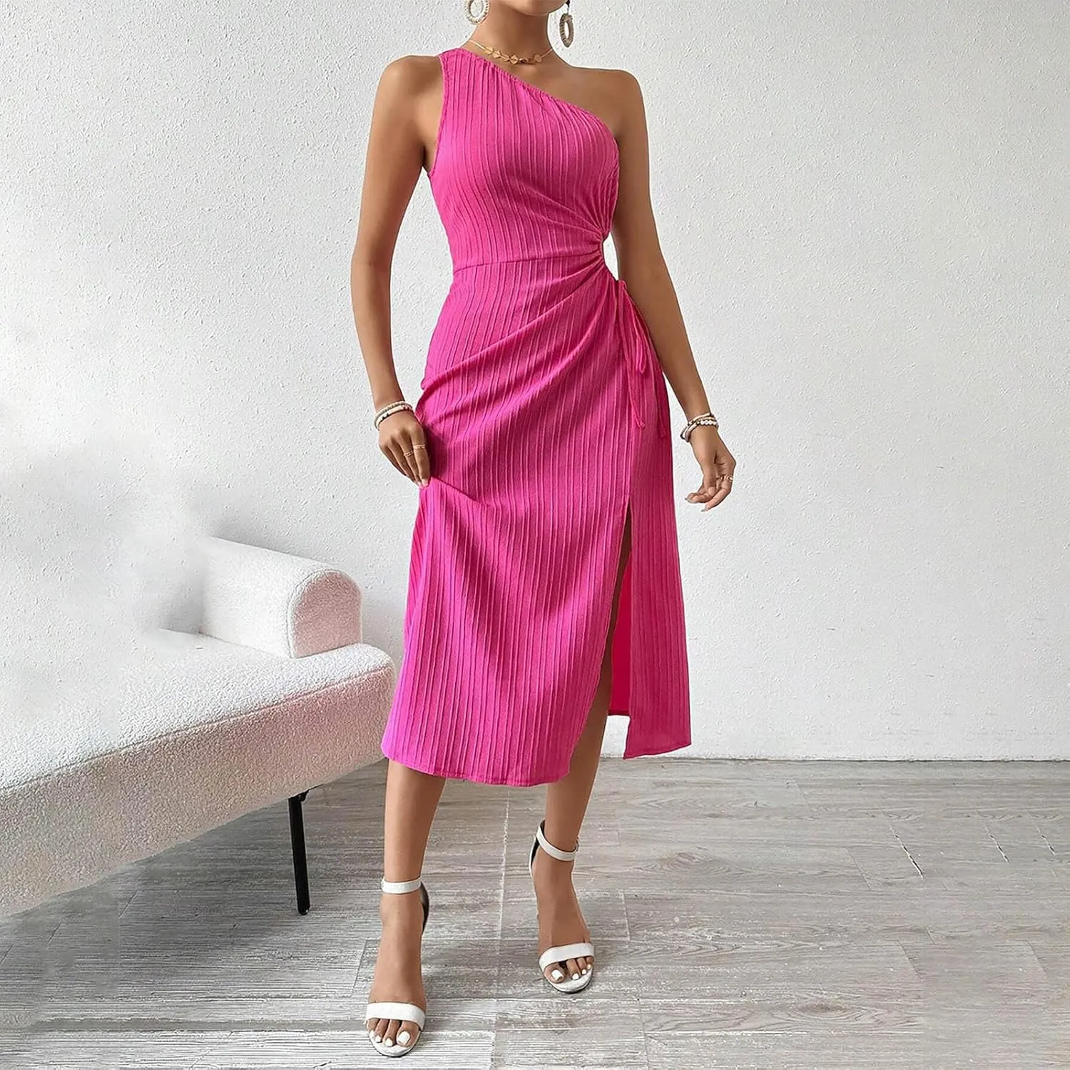 Women's One Shoulder Sleeveless Textured Sundress Sexy Cut Out Drawstring Waist High Split Cocktail Party Midi Dress