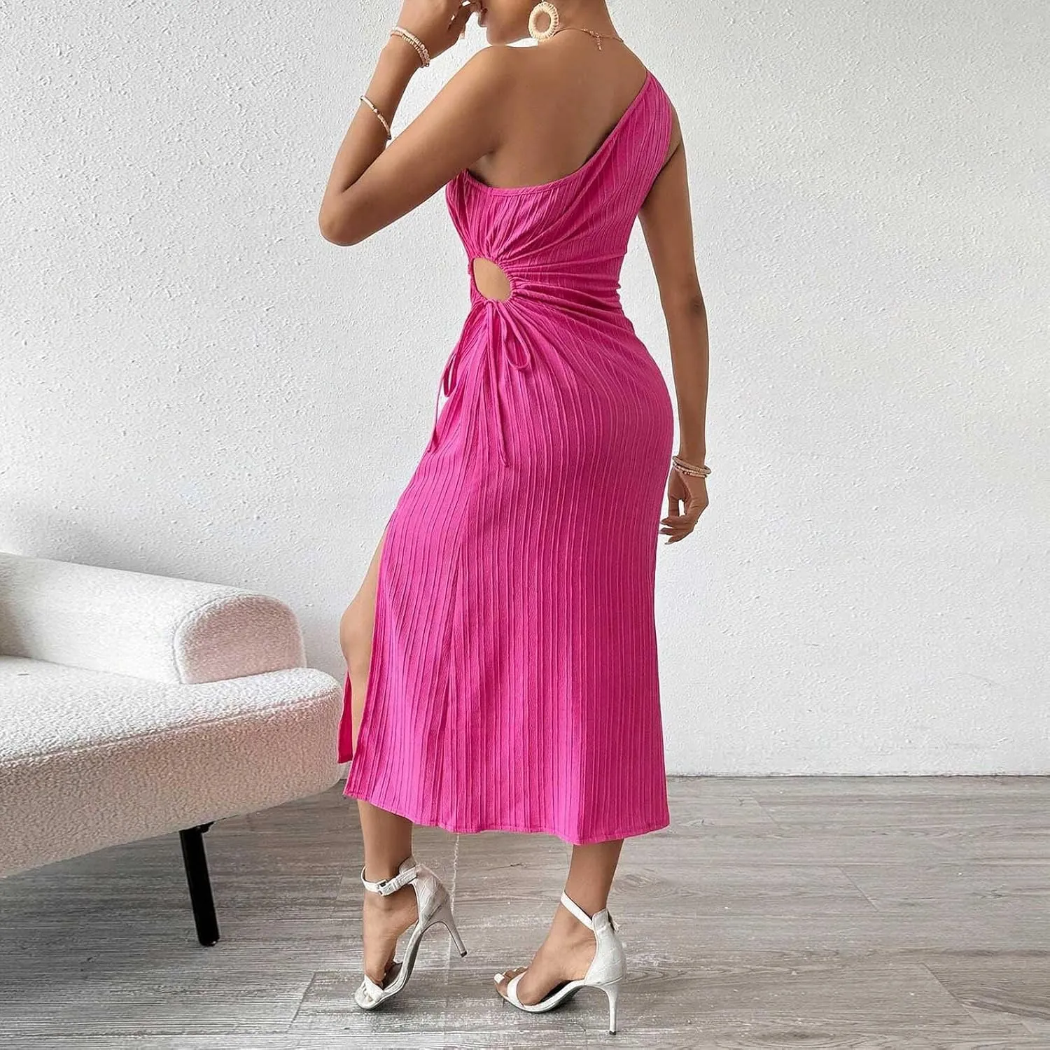 Women's One Shoulder Sleeveless Textured Sundress Sexy Cut Out Drawstring Waist High Split Cocktail Party Midi Dress