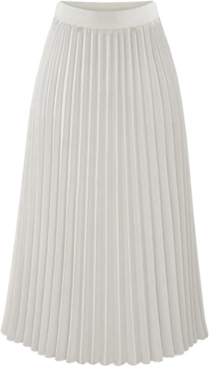 Womens Pleated Midi Skirts Elastic High Waist Dressy Casual Solid Color A-Line Flowy Swing Chiffon Skirts