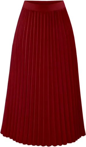 Womens Pleated Midi Skirts Elastic High Waist Dressy Casual Solid Color A-Line Flowy Swing Chiffon Skirts