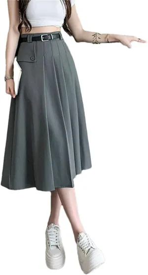 Women's Pleated Skirts with Belted High Waist Solid Button Umbrella A-Line Skirts