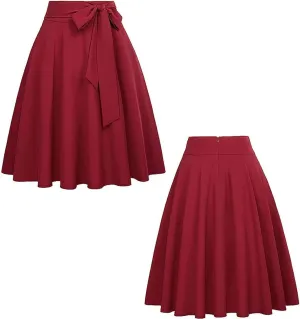 Women's Pleated Vintage Skirt High Waist Flare Swing A-Line Midi Skirts Fashion Self Tie Bowknot Front Zipper Skirt
