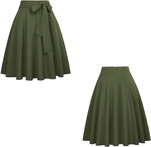 Women's Pleated Vintage Skirt High Waist Flare Swing A-Line Midi Skirts Fashion Self Tie Bowknot Front Zipper Skirt