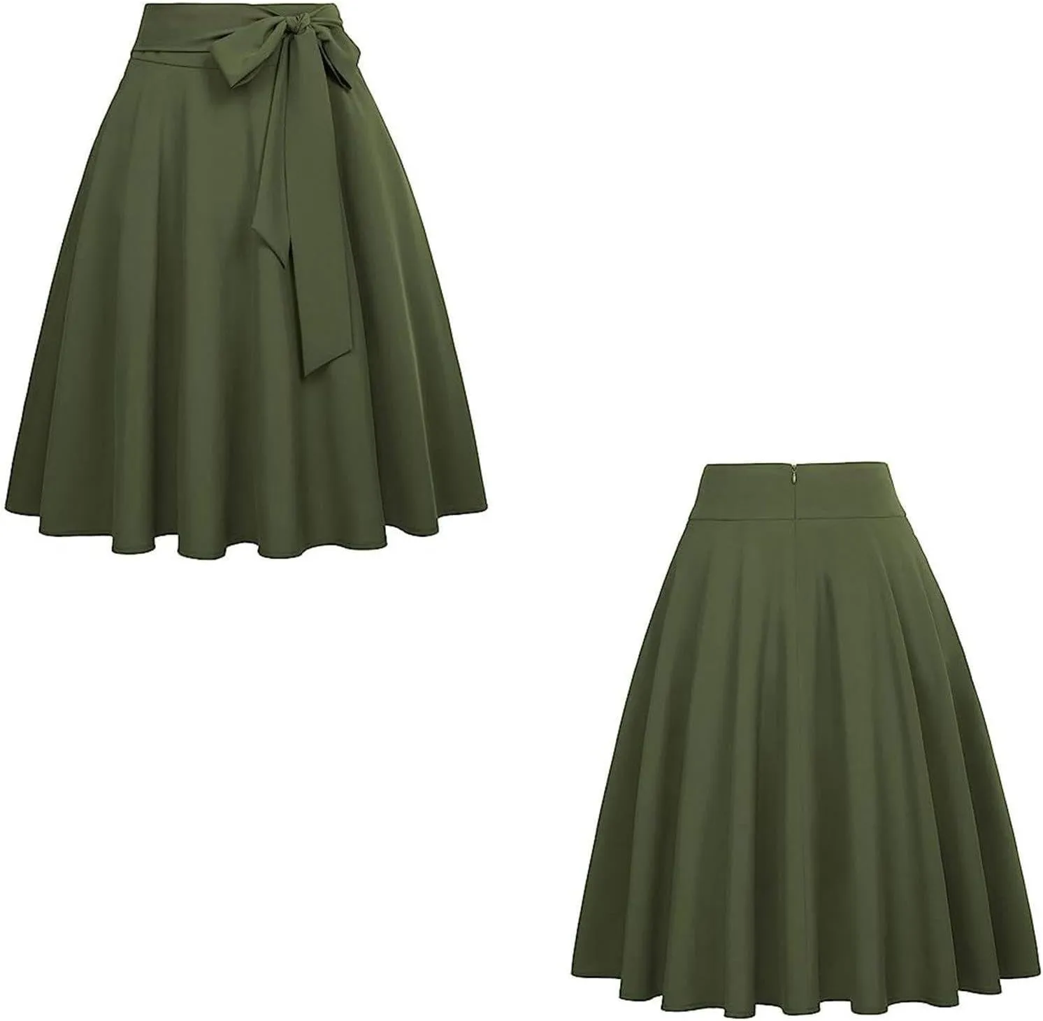 Women's Pleated Vintage Skirt High Waist Flare Swing A-Line Midi Skirts Fashion Self Tie Bowknot Front Zipper Skirt
