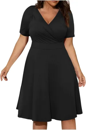 Womens Plus Size Casual Summer Dresses Short Sleeve V Neck Midi Dress A Line Sundress Vacation Outfits with Pockets