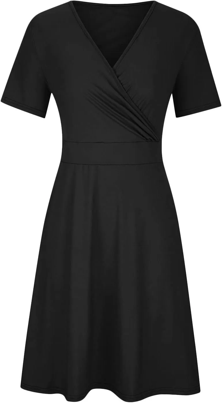 Womens Plus Size Casual Summer Dresses Short Sleeve V Neck Midi Dress A Line Sundress Vacation Outfits with Pockets