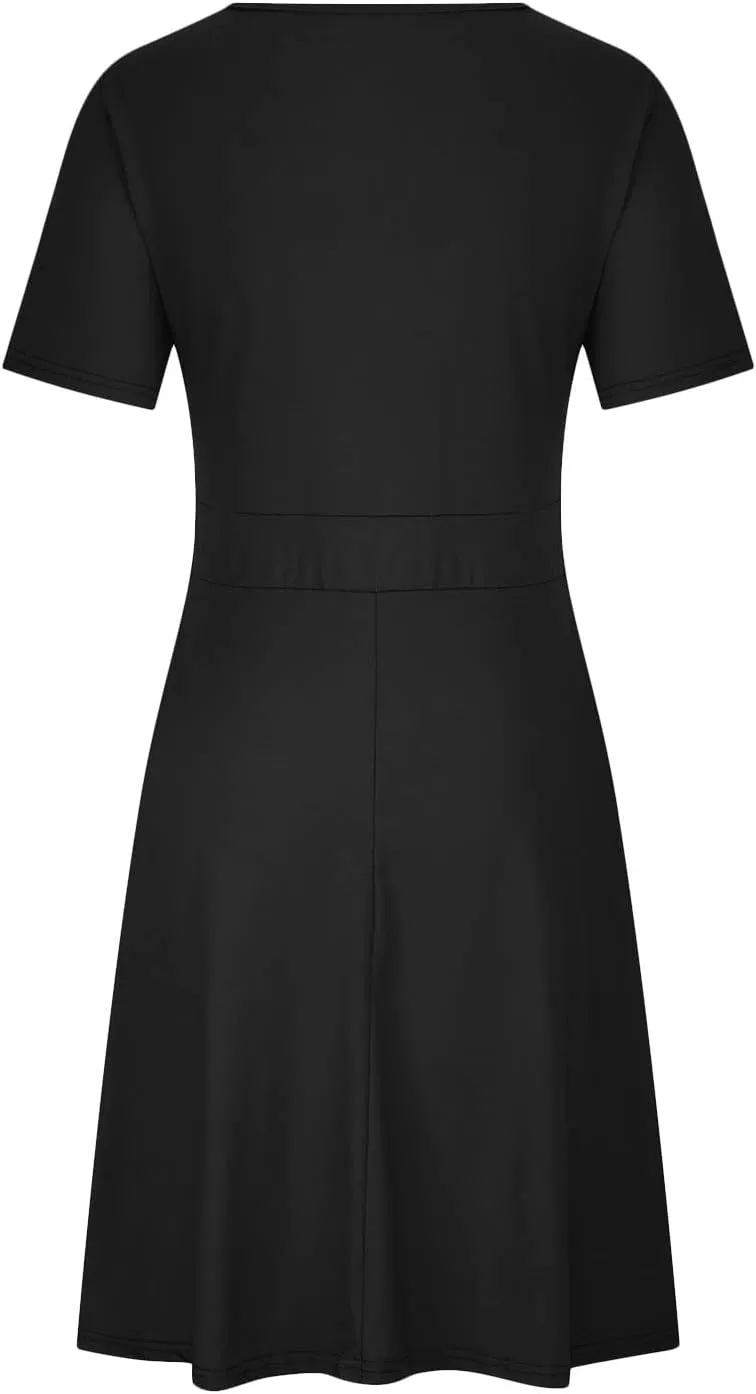 Womens Plus Size Casual Summer Dresses Short Sleeve V Neck Midi Dress A Line Sundress Vacation Outfits with Pockets