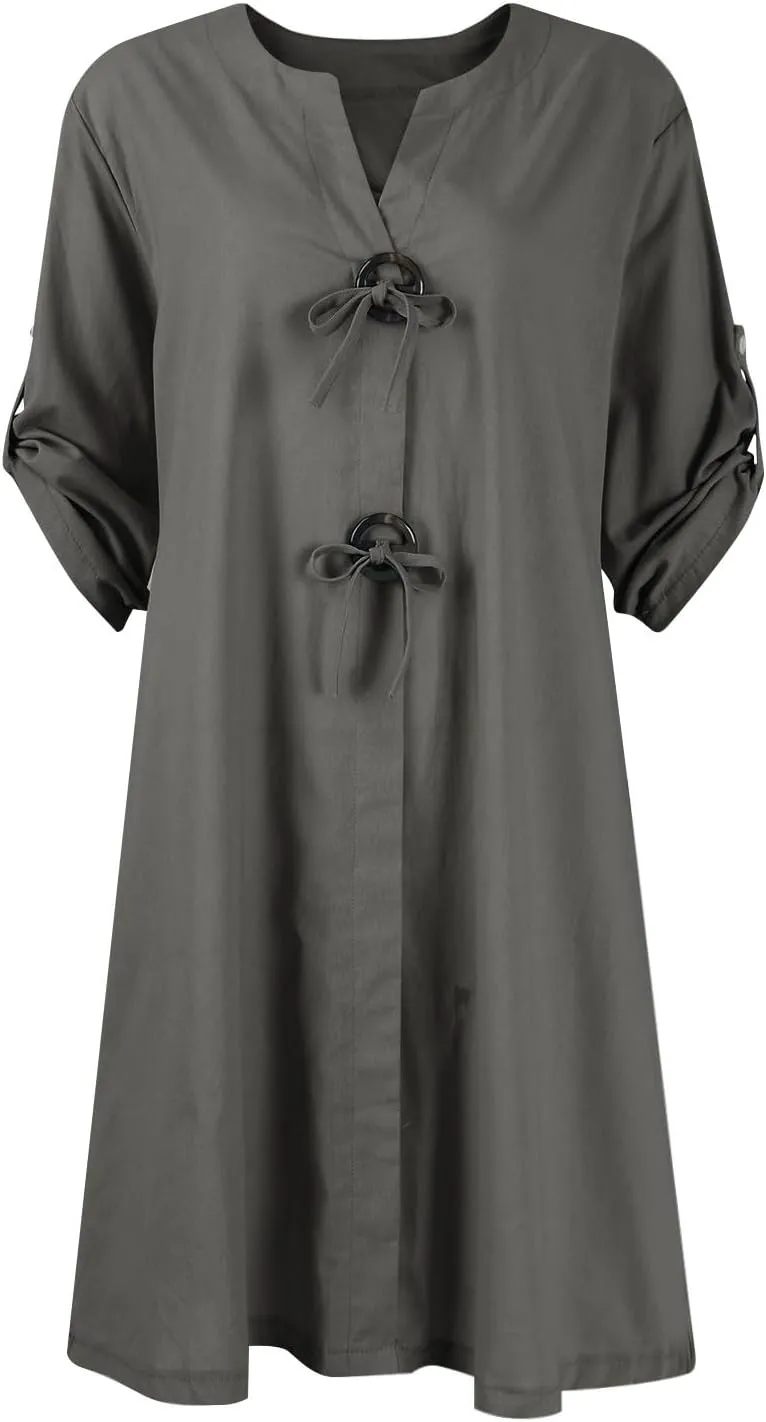 Womens Plus Size Linen Midi Dresses Trendy Summer Fall Long Sleeve Casual Button Elegant Formal Knee Length Dress