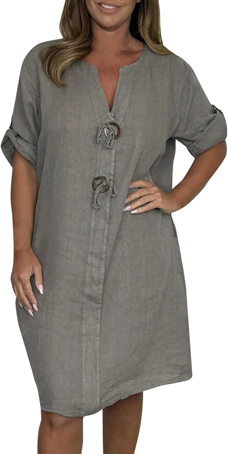 Womens Plus Size Linen Midi Dresses Trendy Summer Fall Long Sleeve Casual Button Elegant Formal Knee Length Dress