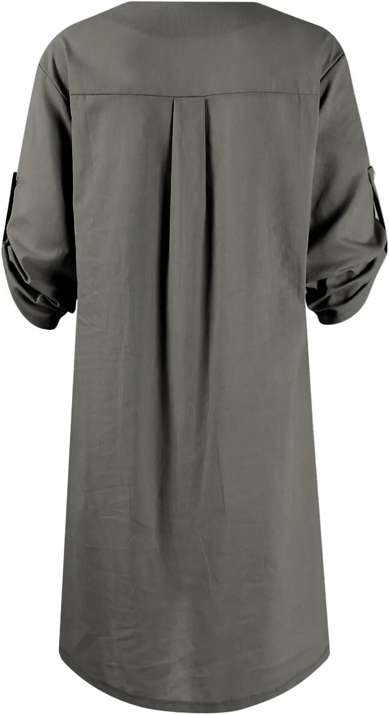 Womens Plus Size Linen Midi Dresses Trendy Summer Fall Long Sleeve Casual Button Elegant Formal Knee Length Dress