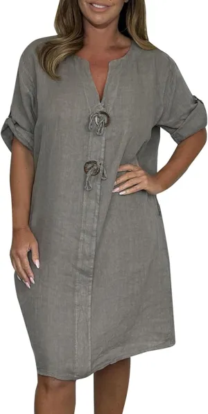 Womens Plus Size Linen Midi Dresses Trendy Summer Fall Long Sleeve Casual Button Elegant Formal Knee Length Dress