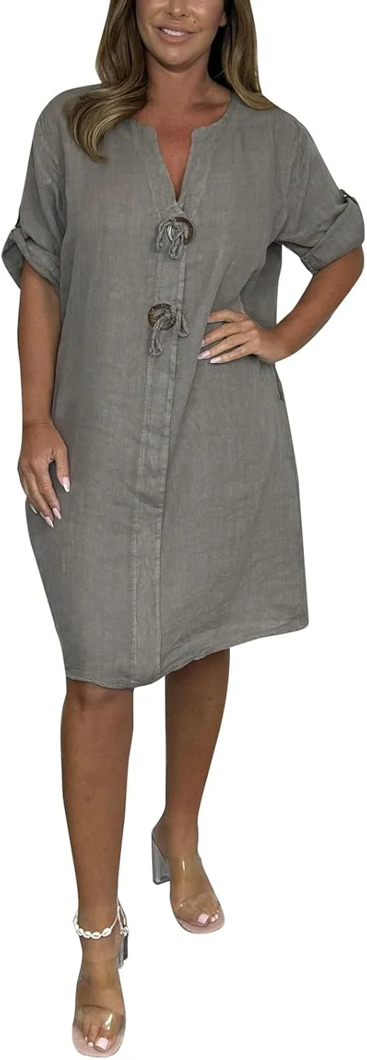 Womens Plus Size Linen Midi Dresses Trendy Summer Fall Long Sleeve Casual Button Elegant Formal Knee Length Dress