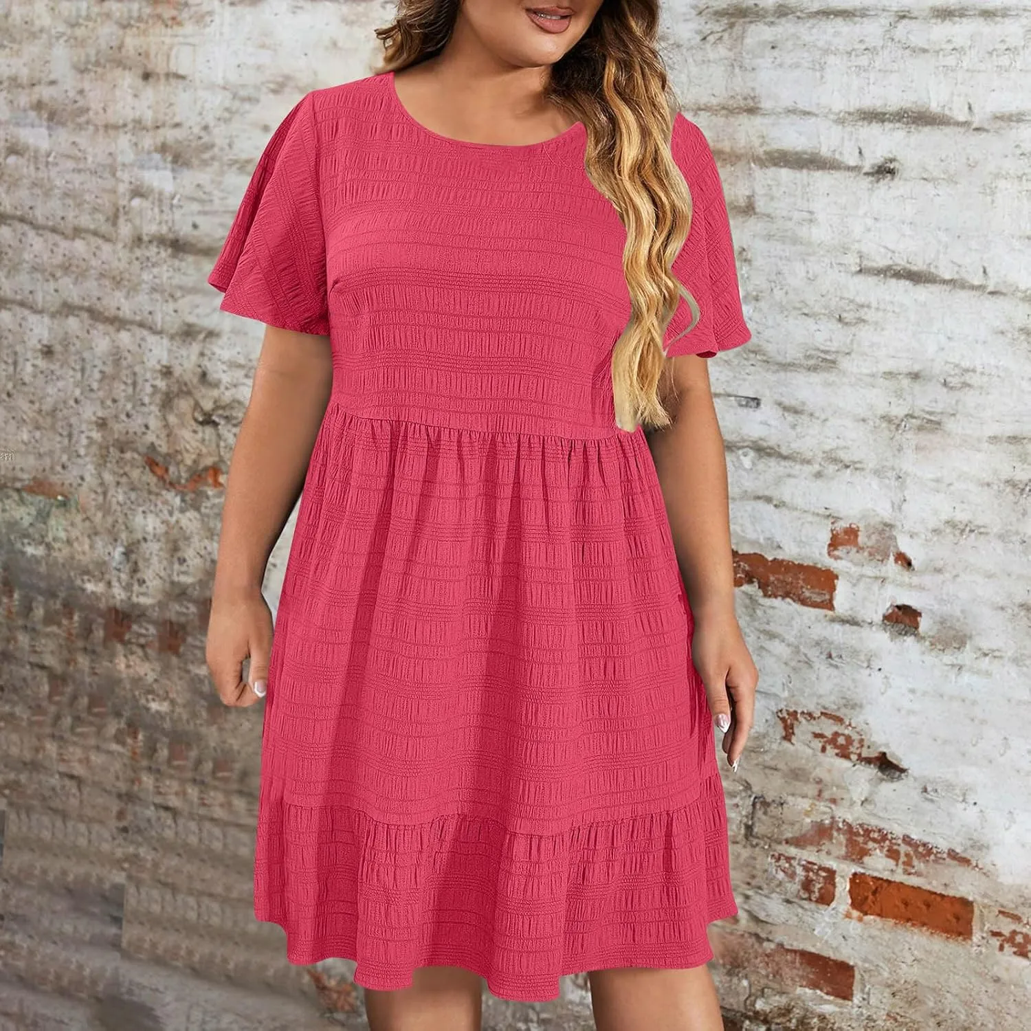 Women's Plus Size Midi Dresses for Curvy Women Summer Short Sleeve Casual Ruffle Swing A-line Flowy Dress 2025