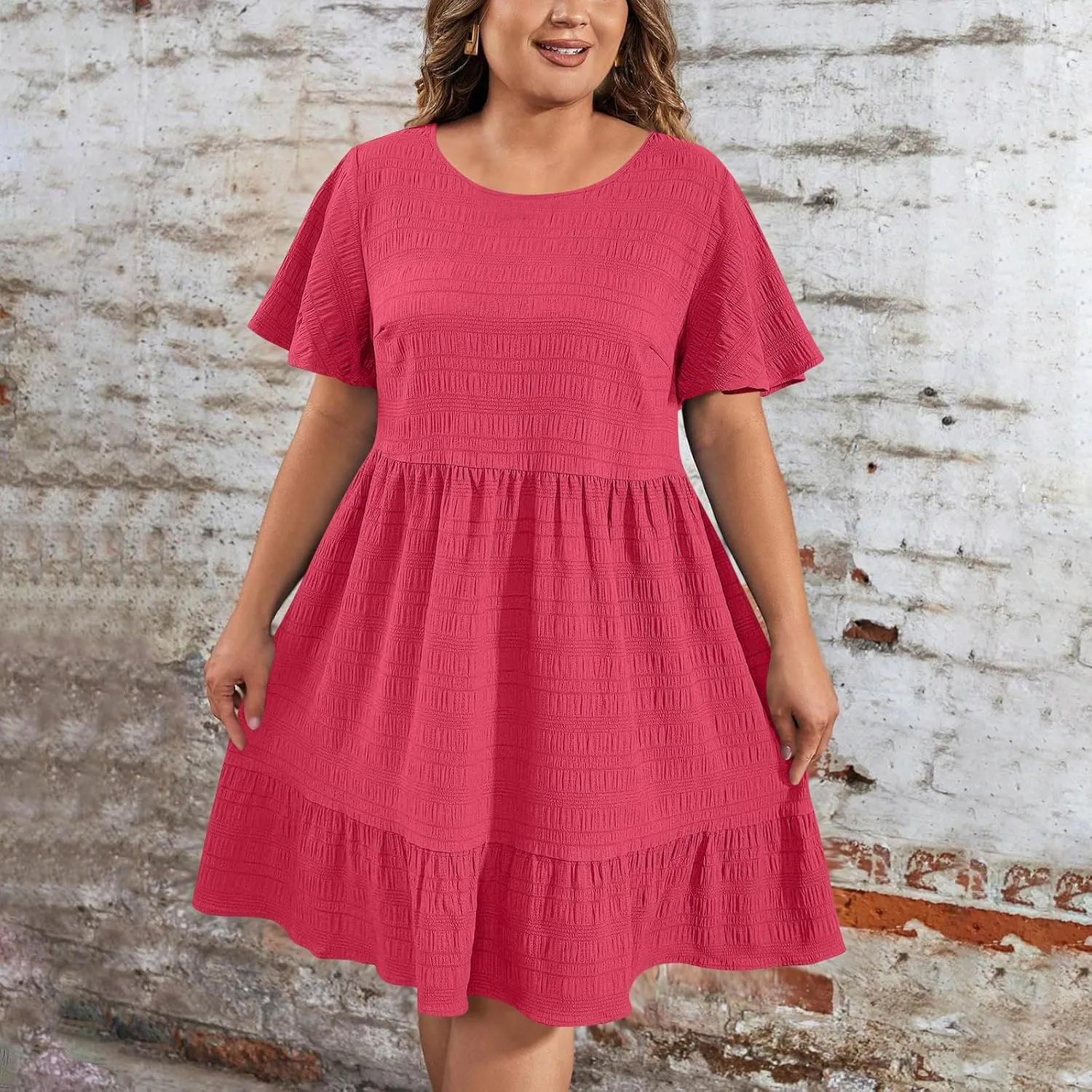 Women's Plus Size Midi Dresses for Curvy Women Summer Short Sleeve Casual Ruffle Swing A-line Flowy Dress 2025
