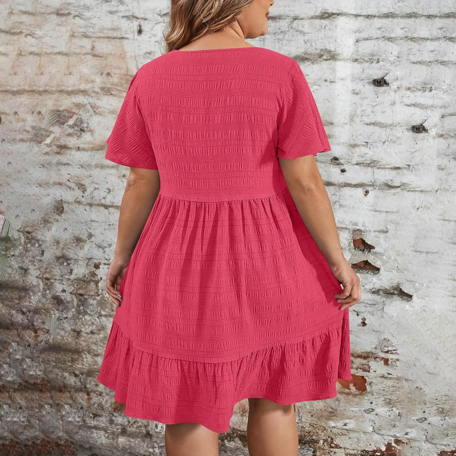 Women's Plus Size Midi Dresses for Curvy Women Summer Short Sleeve Casual Ruffle Swing A-line Flowy Dress 2025
