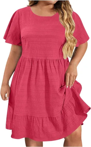 Women's Plus Size Midi Dresses for Curvy Women Summer Short Sleeve Casual Ruffle Swing A-line Flowy Dress 2025