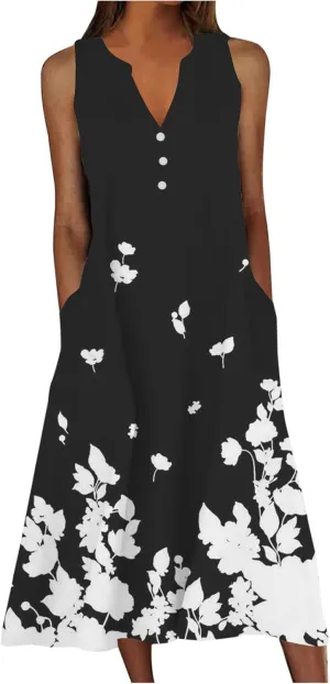 Women's Plus Size Summer Floral Print Casual Dress Vintage Sleeveless Neck V-Neck Long Tank Dress with Pockets