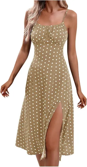 Womens Polka Dot Midi Dresses 2025 Spaghetti Strap Summer Dress with Side Slit Beach Vacation Wedding Guest Dress