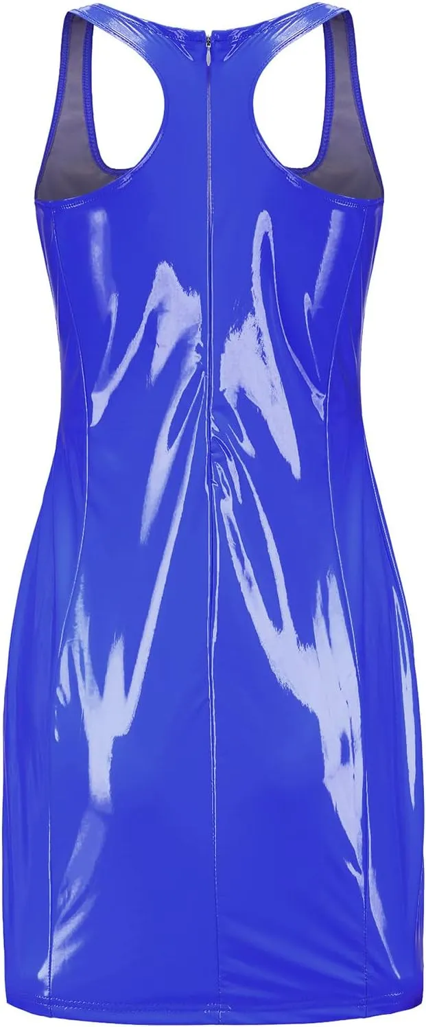 Womens Ribbed Scoop Neck Sleeveless Tank Dresses Basic Bodycon Mini Dress Leather Skirt Tight Dresses Party Club Sexy Dresses