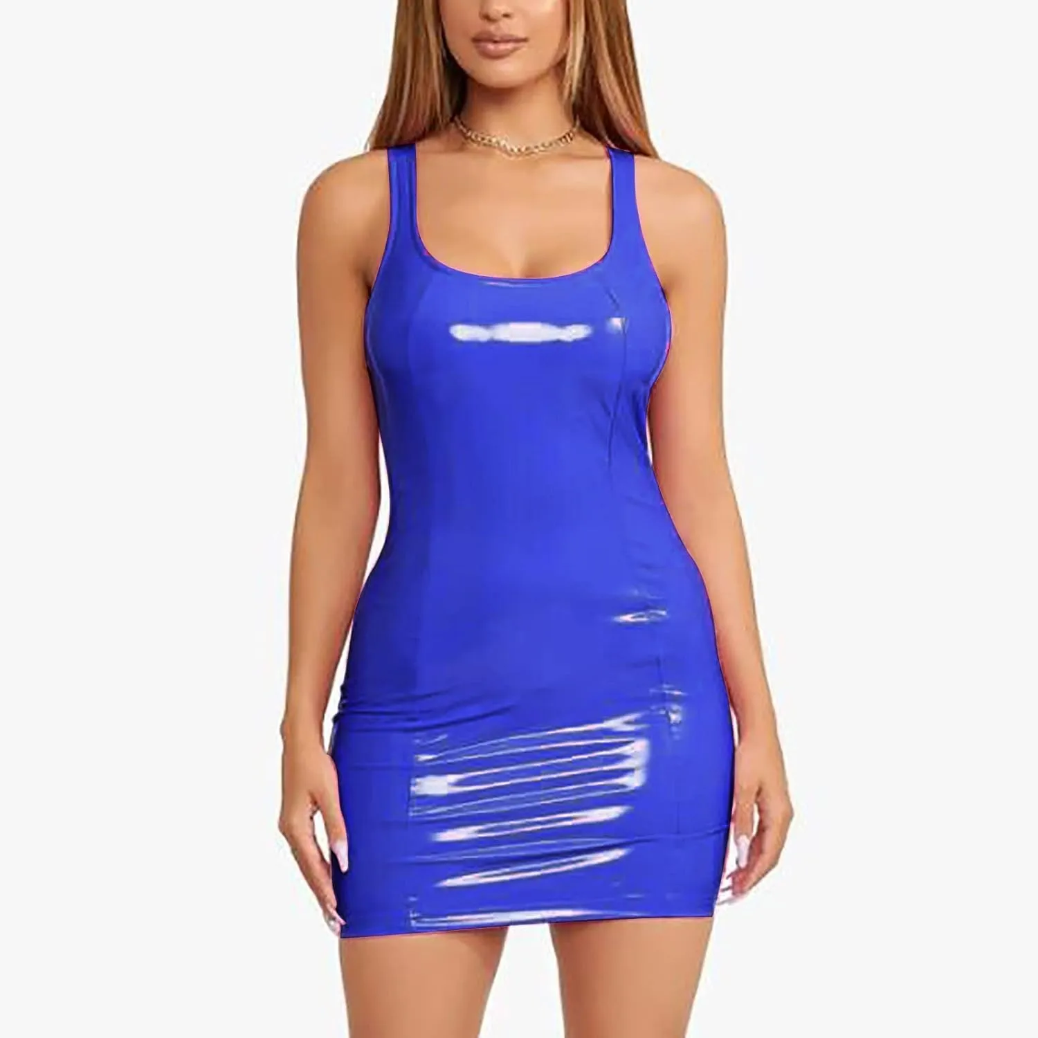 Womens Ribbed Scoop Neck Sleeveless Tank Dresses Basic Bodycon Mini Dress Leather Skirt Tight Dresses Party Club Sexy Dresses
