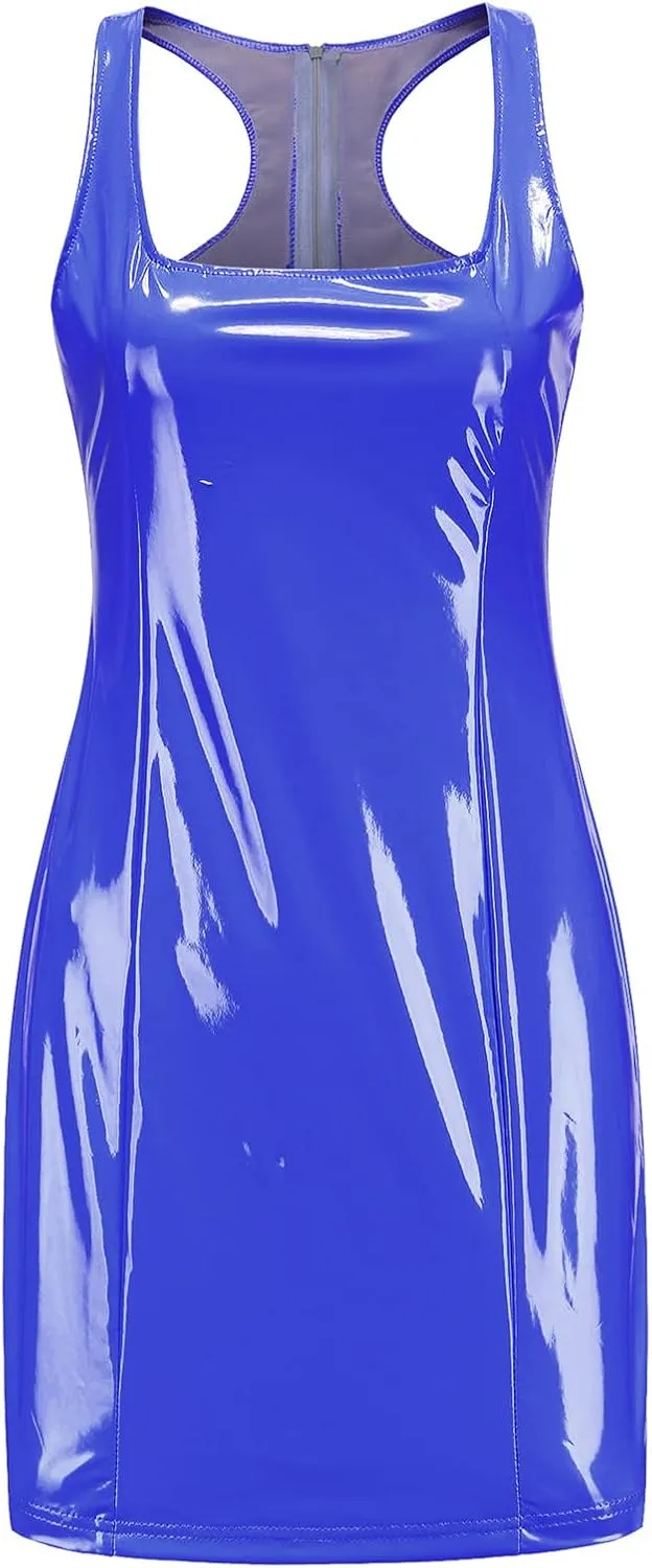 Womens Ribbed Scoop Neck Sleeveless Tank Dresses Basic Bodycon Mini Dress Leather Skirt Tight Dresses Party Club Sexy Dresses