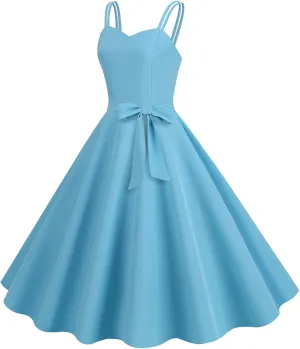Women's Rockabilly Dresses 50's Vintage Spaghetti Strap Sleeveless Solid Prom Cocktail Swing Midi Dress